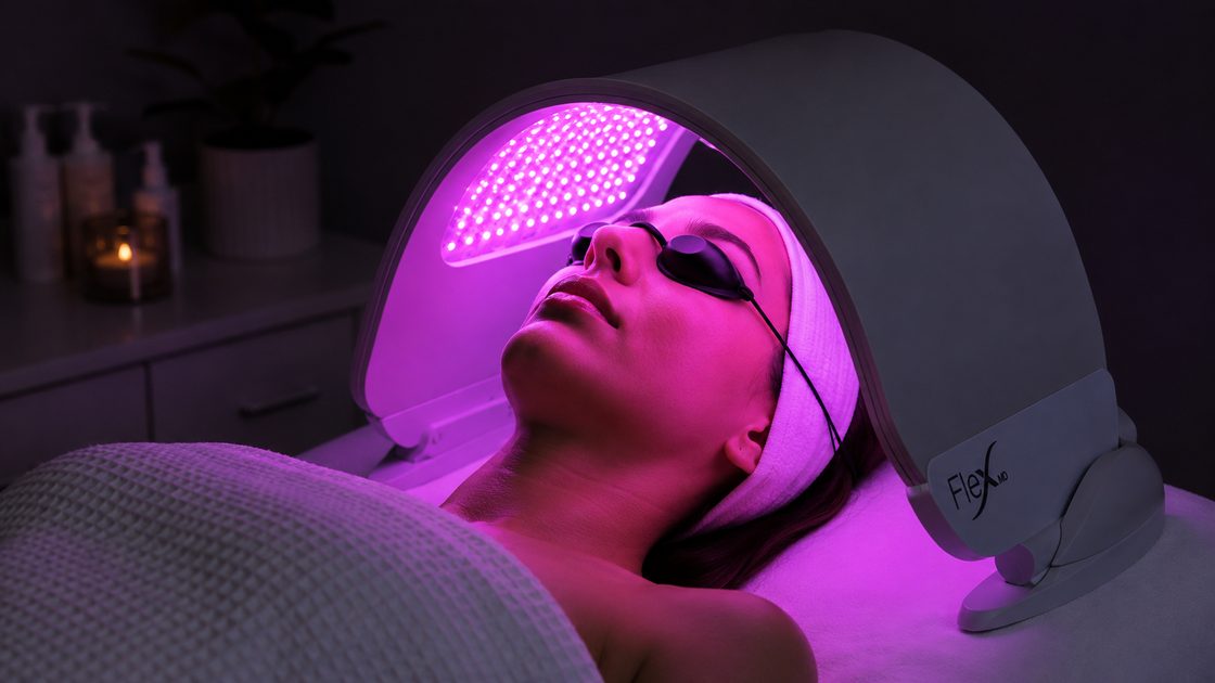 Client receiving Dermalux Flex LED light therapy at Portland Body Clinic Cardiff