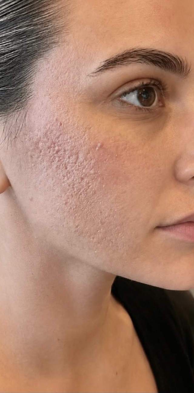 Client's face before Dermapen microneedling treatment at Portland Body Clinic