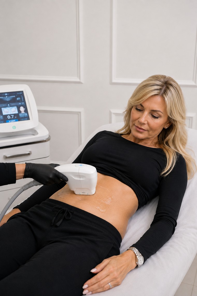 Client receiving HIFU treatment on the stomach at Portland Body Clinic