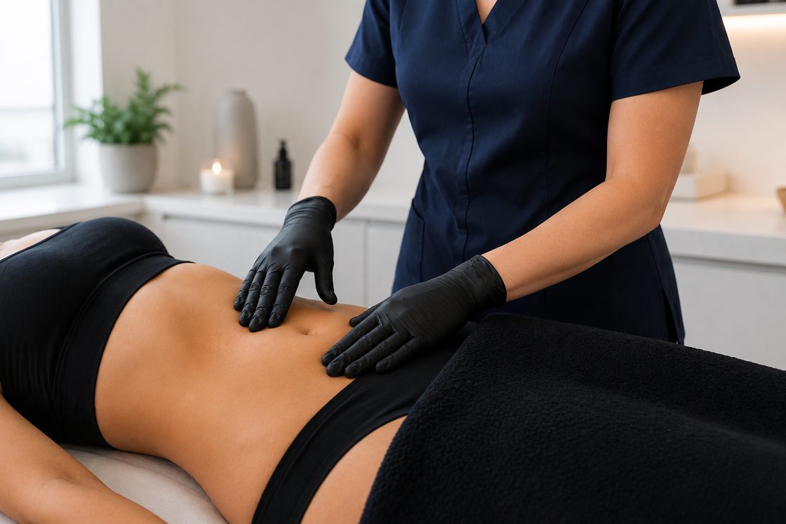 Practitioner assessing a client’s abdomen before body treatment at Portland Body Clinic Cardiff