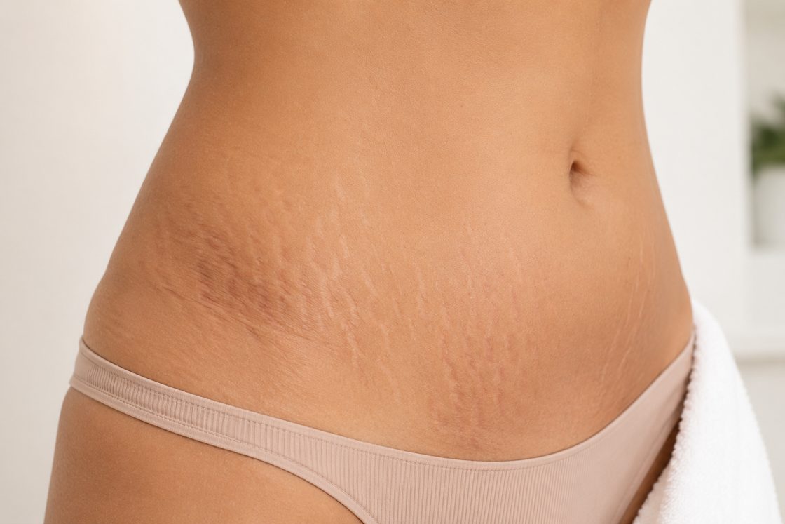 Stretch marks on the abdomen before treatment at Portland Body Clinic Cardiff